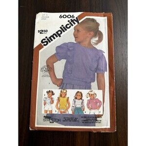 Sewing Pattern Vintage Girls Size 3-6 Pullover Tops Ruffles 1983 simplicity 6006